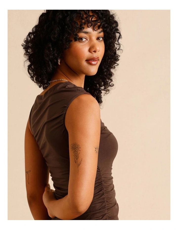 Tencel Blend Ruched Side Midi Dress in Chocolate image 5