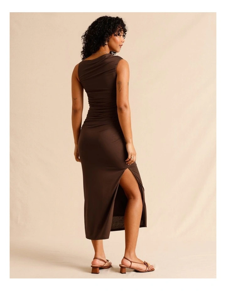Tencel Blend Ruched Side Midi Dress in Chocolate image 6