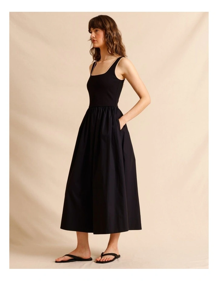 Knit Woven Midi Dress in Black image 2