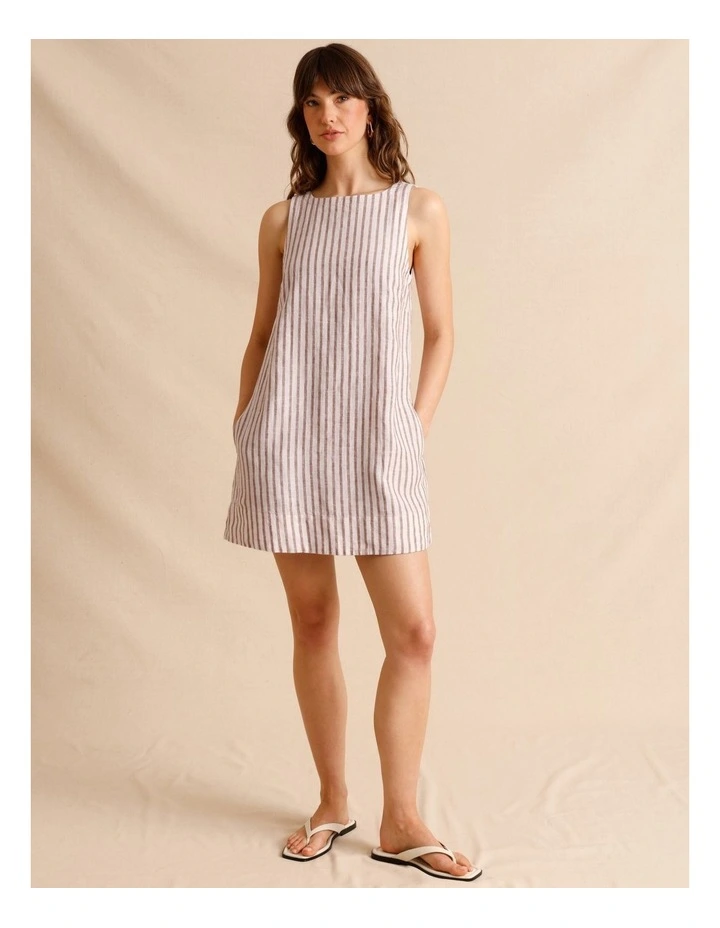 European Linen Square Neckline Mini Dress in Brown Multi image 1