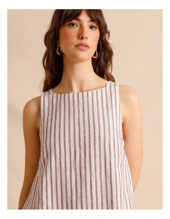 European Linen Square Neckline Mini Dress in Brown Multi image 2
