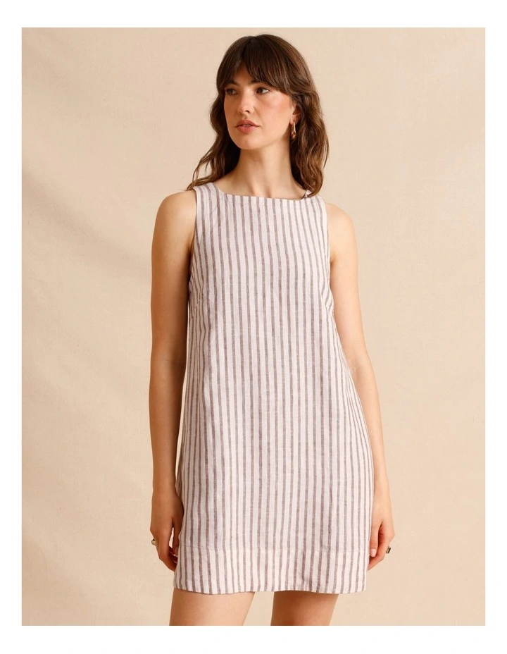 European Linen Square Neckline Mini Dress in Brown Multi image 3