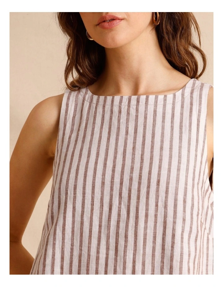 European Linen Square Neckline Mini Dress in Brown Multi image 4
