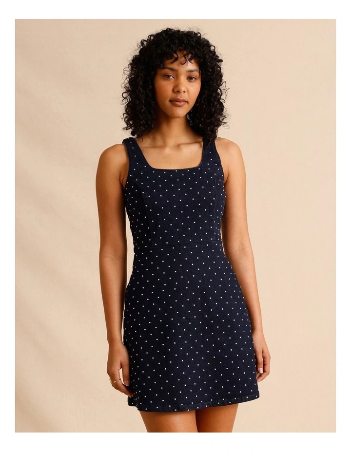 Recycled Cotton Blend Studded Denim Mini Dress in Indigo image 1