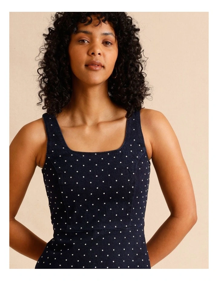 Recycled Cotton Blend Studded Denim Mini Dress in Indigo image 3
