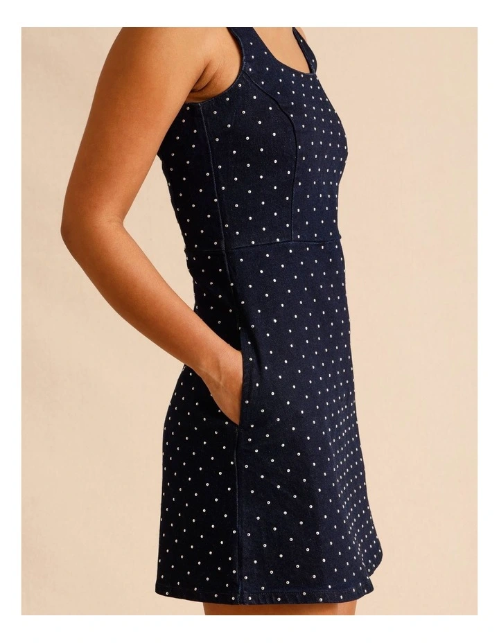 Recycled Cotton Blend Studded Denim Mini Dress in Indigo image 6