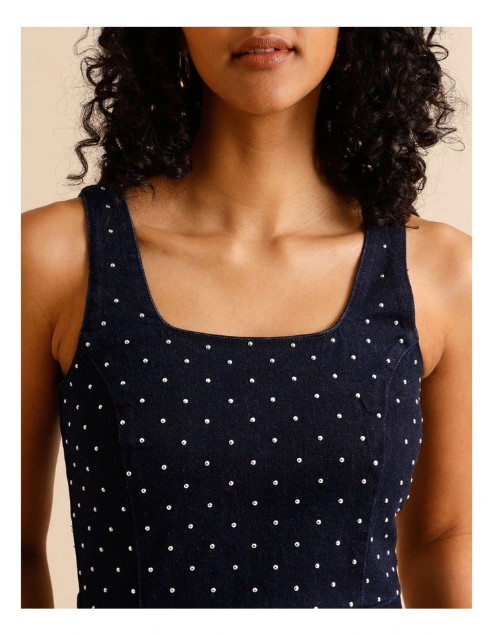 Recycled Cotton Blend Studded Denim Mini Dress in Indigo image 7