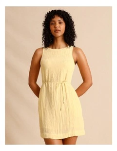 Recycled Polyester Blend Crinkle Tie Mini Dress in Lemon