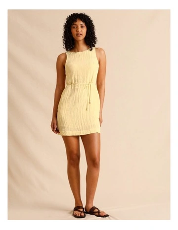 Recycled Polyester Blend Crinkle Tie Mini Dress in Lemon