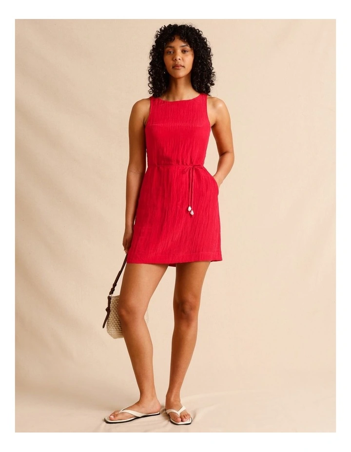 Recycled Polyester Blend Crinkle Tie Mini Dress in Raspberry image 1