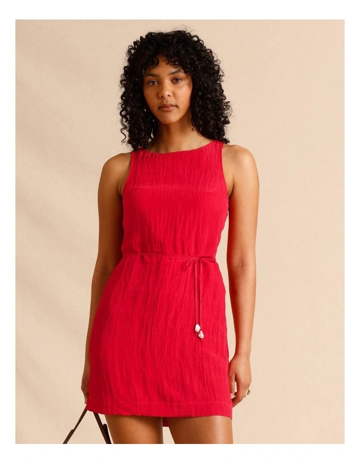 Recycled Polyester Blend Crinkle Tie Mini Dress in Raspberry image 2