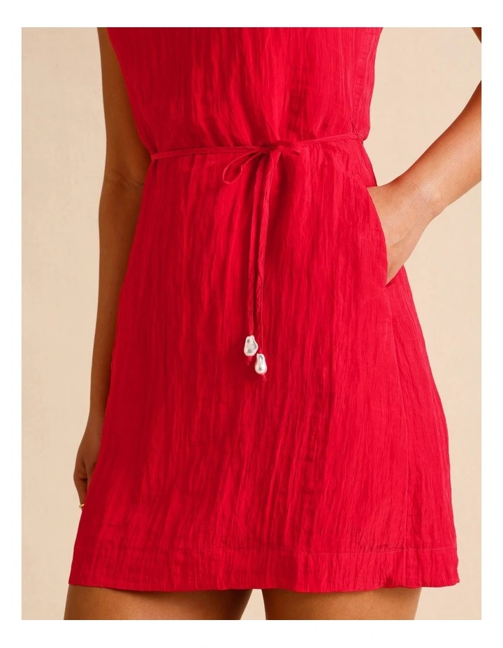 Recycled Polyester Blend Crinkle Tie Mini Dress in Raspberry image 4