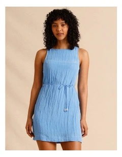 Recycled Polyester Blend Crinkle Tie Mini Dress in Blue