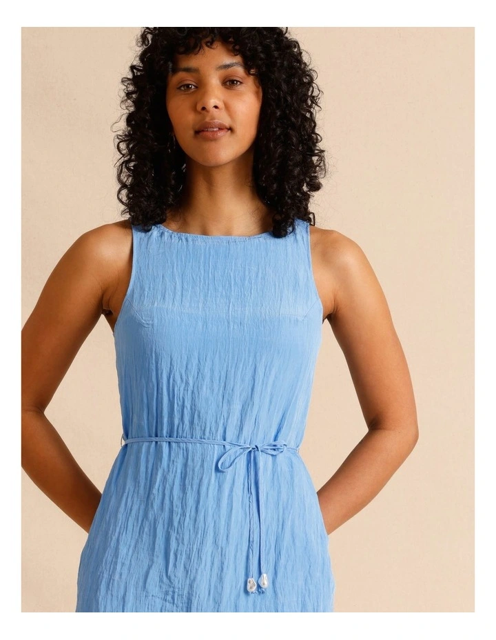 Recycled Polyester Blend Crinkle Tie Mini Dress in Blue image 2
