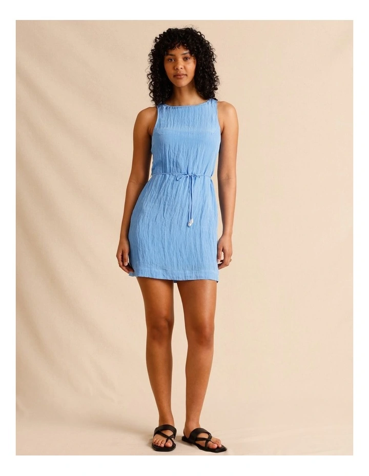 Recycled Polyester Blend Crinkle Tie Mini Dress in Blue image 3