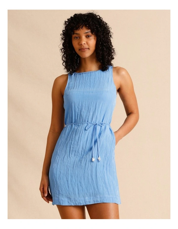 Recycled Polyester Blend Crinkle Tie Mini Dress in Blue image 4