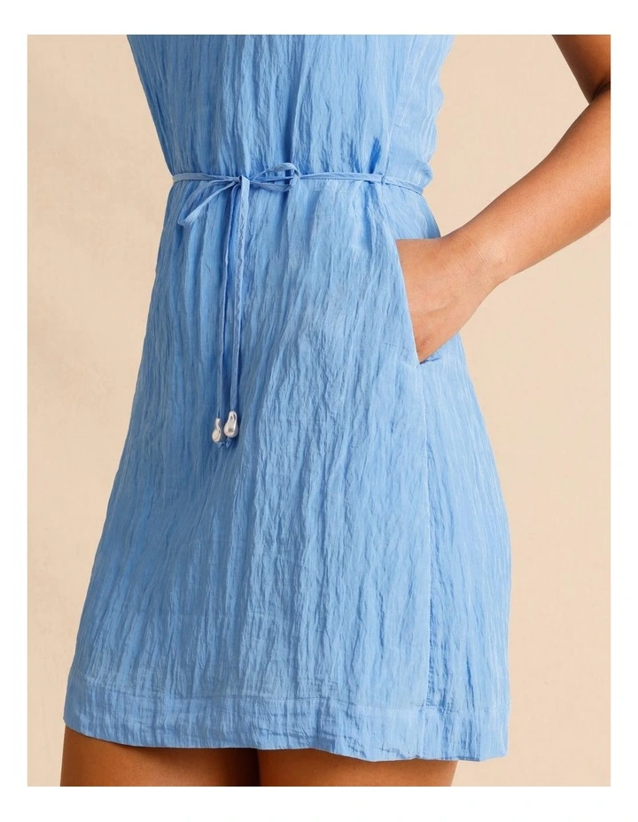 Recycled Polyester Blend Crinkle Tie Mini Dress in Blue image 5