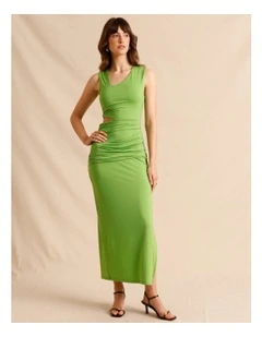 Tencel Blend Asymmetrical Neckline Midi Dress in Green