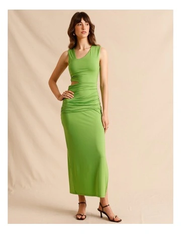 Tencel Blend Asymmetrical Neckline Midi Dress in Green