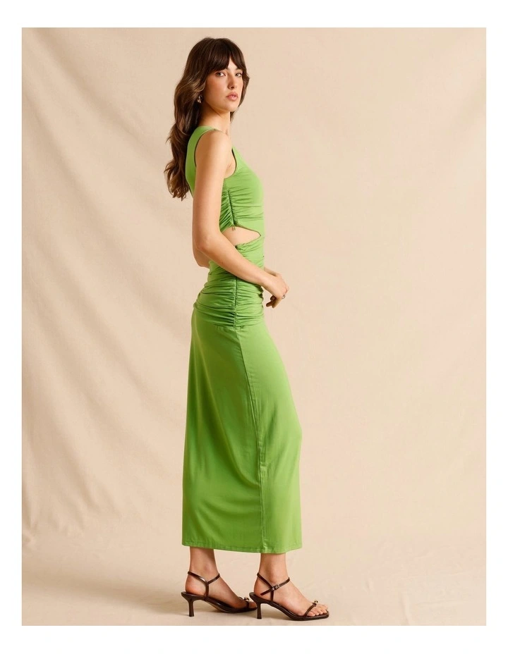 Tencel Blend Asymmetrical Neckline Midi Dress in Green image 2