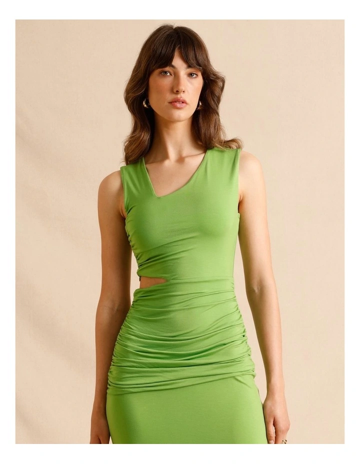 Tencel Blend Asymmetrical Neckline Midi Dress in Green image 3