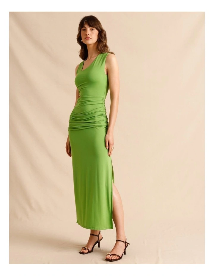 Tencel Blend Asymmetrical Neckline Midi Dress in Green image 4