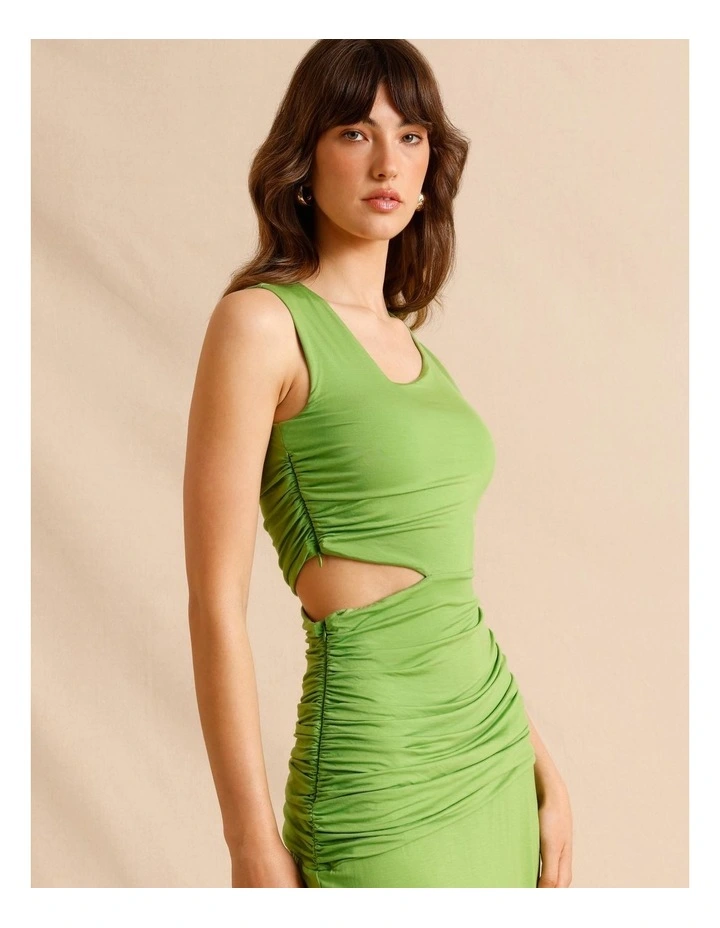 Tencel Blend Asymmetrical Neckline Midi Dress in Green image 5