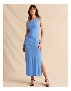 Tencel Blend Asymmetrical Neckline Midi Dress in Blue