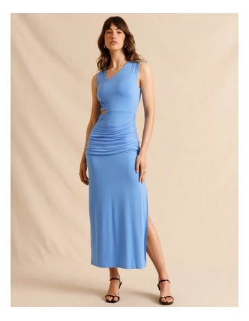 Tencel Blend Asymmetrical Neckline Midi Dress in Blue