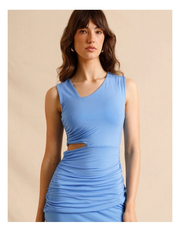 Tencel Blend Asymmetrical Neckline Midi Dress in Blue image 2