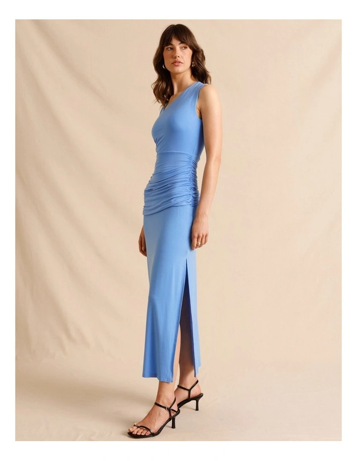 Tencel Blend Asymmetrical Neckline Midi Dress in Blue image 3