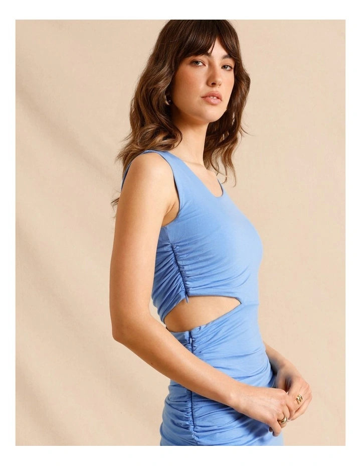 Tencel Blend Asymmetrical Neckline Midi Dress in Blue image 5