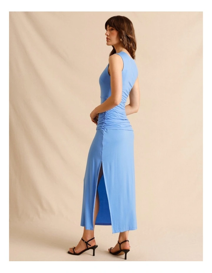 Tencel Blend Asymmetrical Neckline Midi Dress in Blue image 6