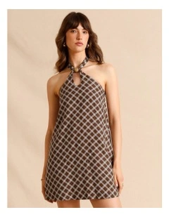 European Linen Halter Mini Dress in Chocolate