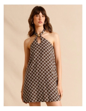 European Linen Halter Mini Dress in Chocolate