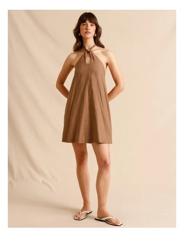 European Linen Halter Mini Dress in Chocolate