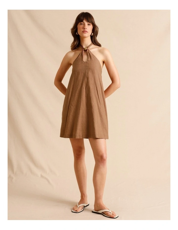 European Linen Halter Mini Dress in Chocolate image 1