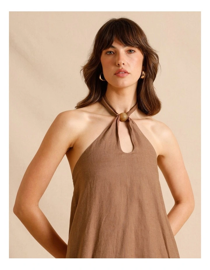 European Linen Halter Mini Dress in Chocolate image 2