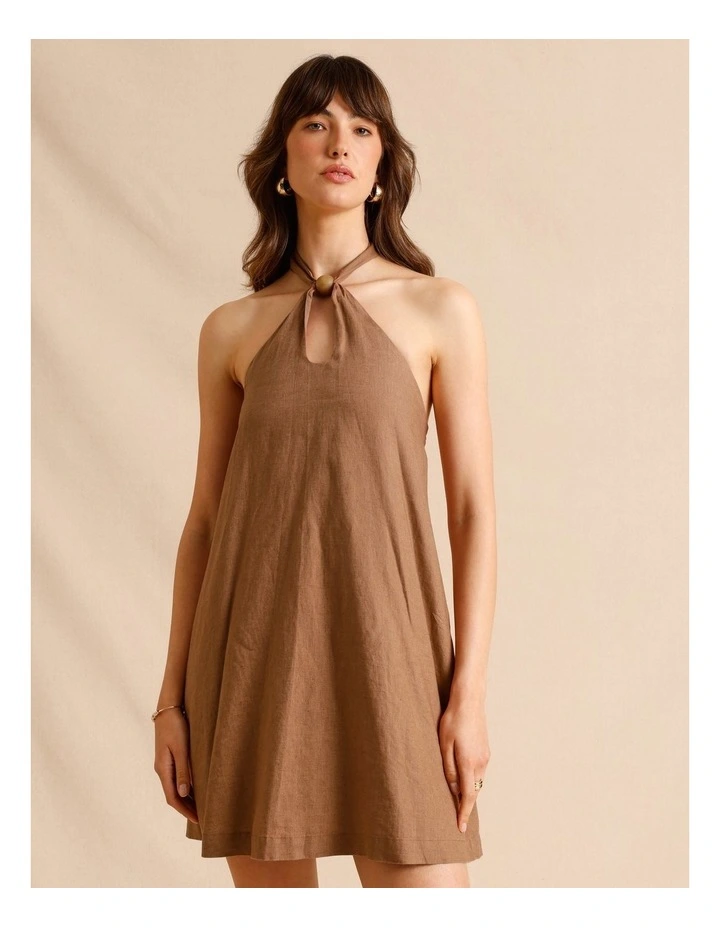 European Linen Halter Mini Dress in Chocolate image 3