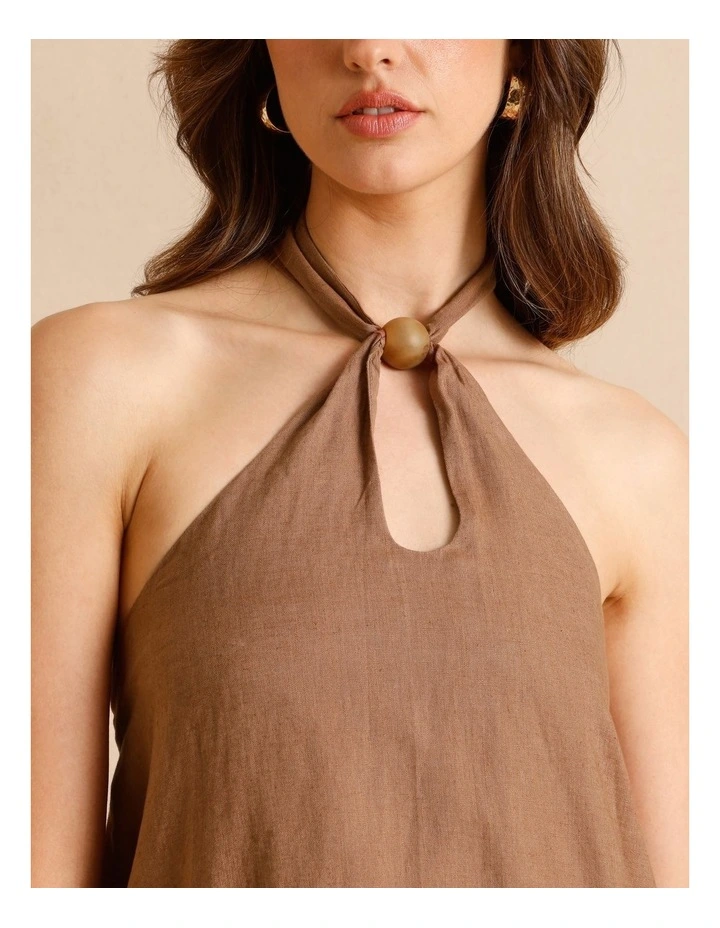 European Linen Halter Mini Dress in Chocolate image 4