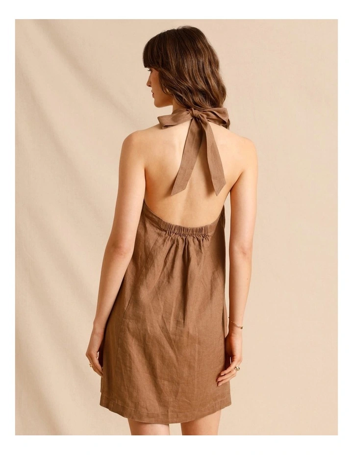 European Linen Halter Mini Dress in Chocolate image 5