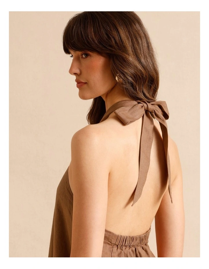European Linen Halter Mini Dress in Chocolate image 6