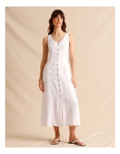 European Linen V-Neck Midi Dress in White