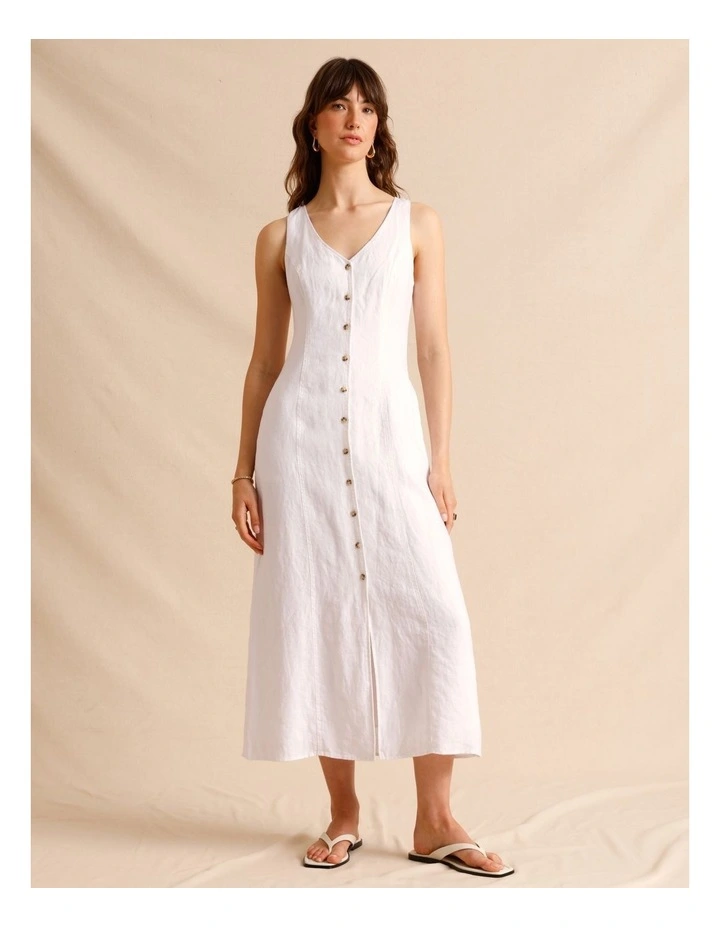 European Linen V-Neck Midi Dress in White image 1