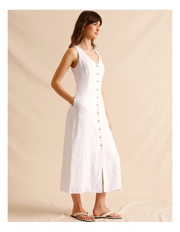 European Linen V-Neck Midi Dress in White image 2