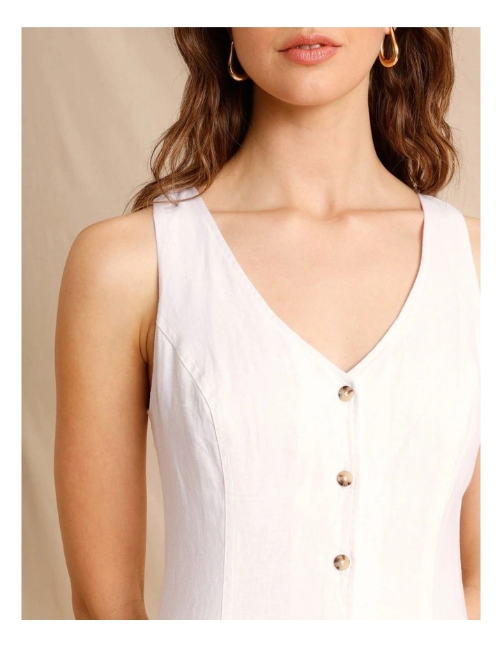 European Linen V-Neck Midi Dress in White image 3