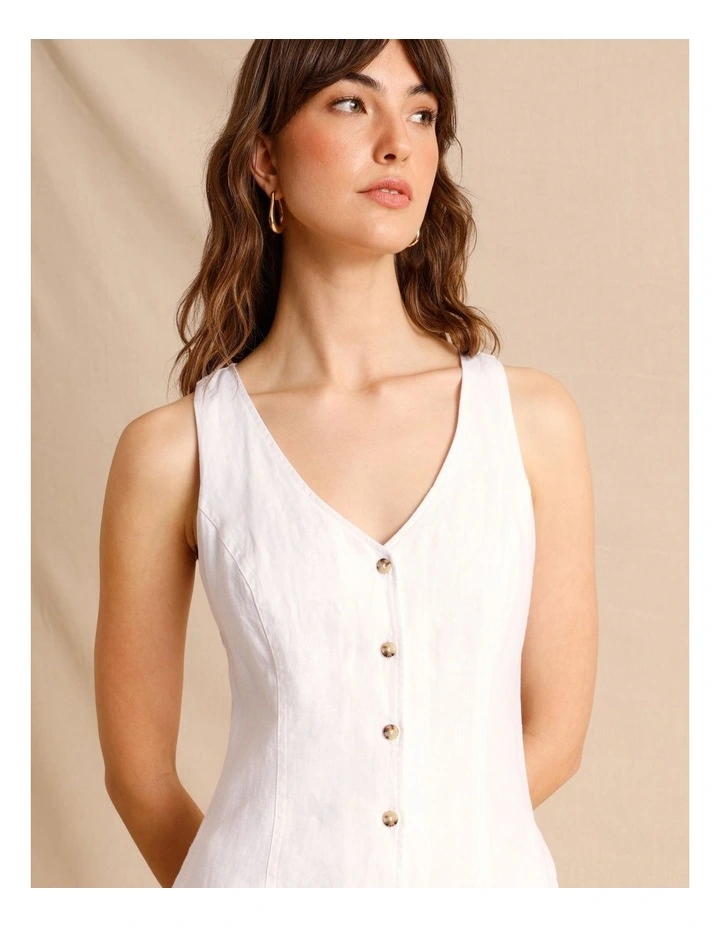 European Linen V-Neck Midi Dress in White image 4