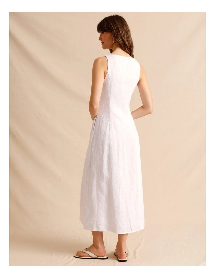 European Linen V-Neck Midi Dress in White image 5