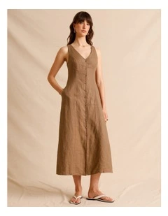 European Linen V-Neck Midi Dress in Light Brown