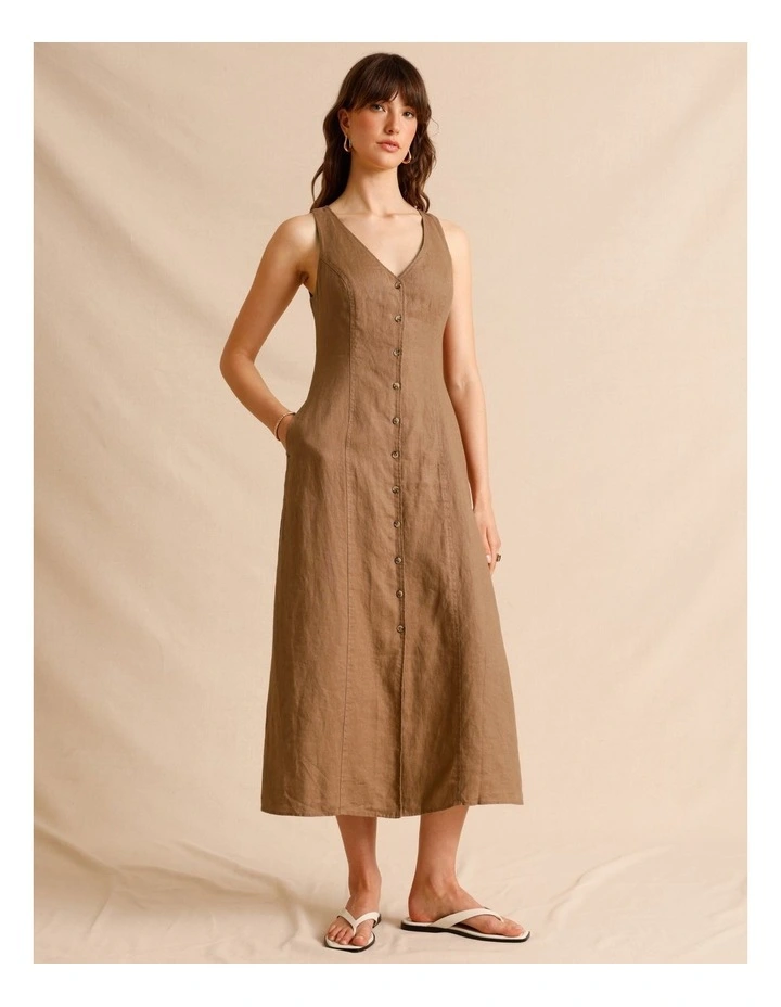 European Linen V-Neck Midi Dress in Light Brown image 1